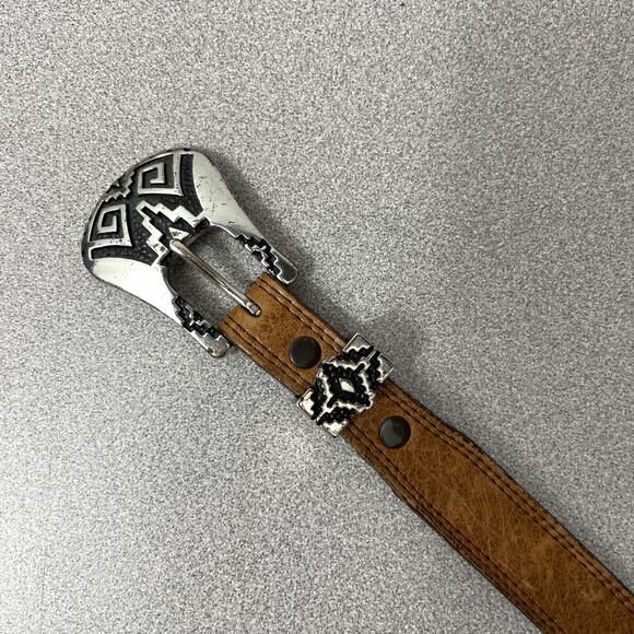 Nocona Belt Co Tan Leather Belt 30 Silver Aztec Buckle Western Cowgirl Cowboy - Picture 2 of 8